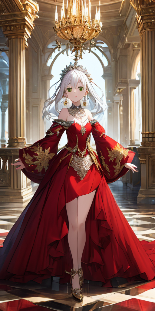 00303-401523517-1Girl, full body, elegant, white hair, green eyes, intricate red gown, silver earrings, palace interior background, golden chand.png